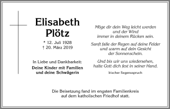 Traueranzeige von Elisabeth Plötz von Allgäuer Zeitung,Kempten