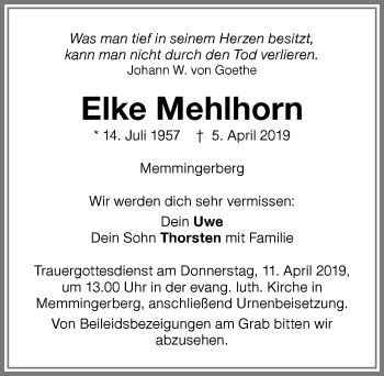 Traueranzeige von Elke Mehlhorn von Memminger Zeitung