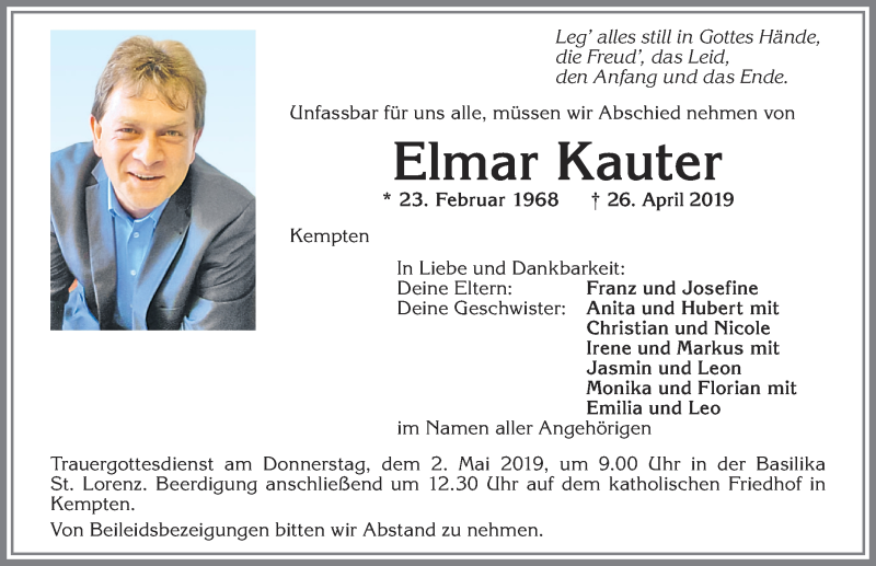  Traueranzeige für Elmar Kauter vom 29.04.2019 aus Allgäuer Zeitung,Kempten