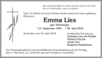 Traueranzeige von Emma Lies von Allgäuer Anzeigeblatt