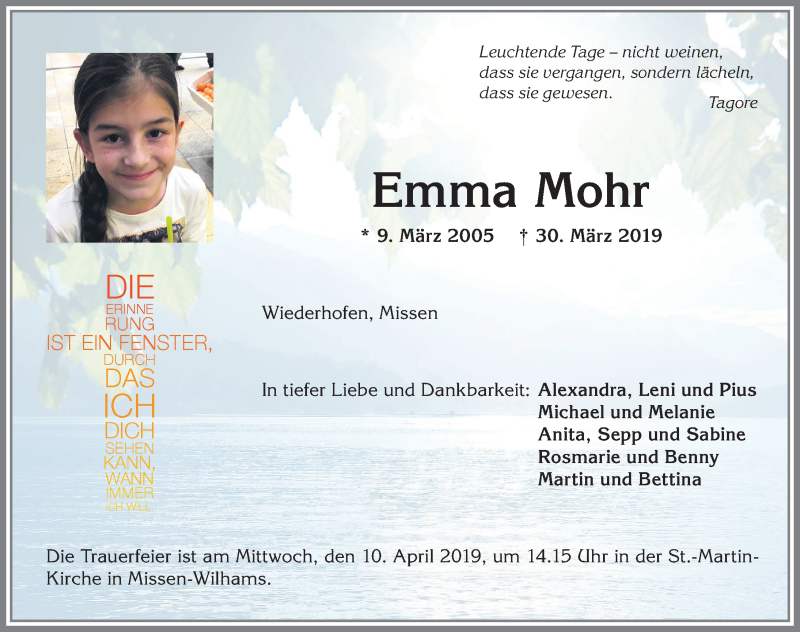  Traueranzeige für Emma Mohr vom 06.04.2019 aus Allgäuer Zeitung