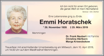 Traueranzeige von Emmi Horatschek von Memminger Zeitung