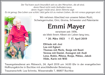 Traueranzeige von Emmi Mayer von Allgäuer Zeitung, Kaufbeuren/Buchloe