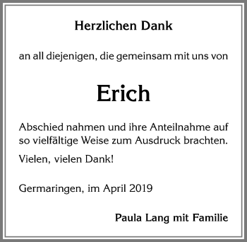 Traueranzeige von Erich  von Allgäuer Zeitung, Kaufbeuren/Buchloe