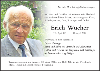Traueranzeige von Erich Wucher von Der Westallgäuer