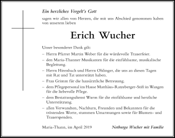 Traueranzeige von Erich Wucher von Der Westallgäuer