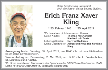 Traueranzeige von Erich Franz Xaver Kling von Allgäuer Zeitung, Kaufbeuren/Buchloe
