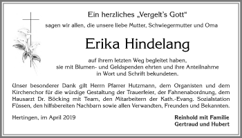 Traueranzeige von Erika Hindelang von Allgäuer Zeitung, Füssen