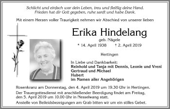 Traueranzeige von Erika Hindelang von Allgäuer Zeitung, Füssen
