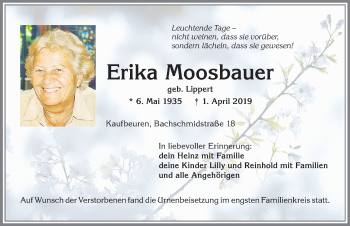 Traueranzeige von Erika Moosbauer von Allgäuer Zeitung, Kaufbeuren/Buchloe