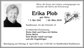 Traueranzeige von Erika Plob von Allgäuer Zeitung, Kaufbeuren/Buchloe