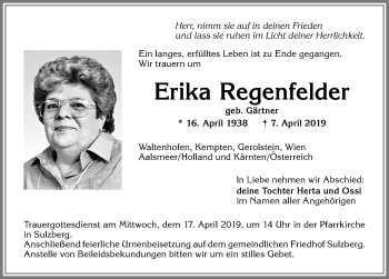 Traueranzeige von Erika Regenfelder von Allgäuer Zeitung,Kempten