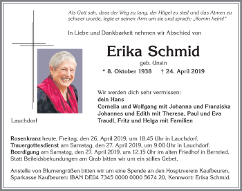 Traueranzeige von Erika Schmid von Allgäuer Zeitung, Kaufbeuren/Buchloe
