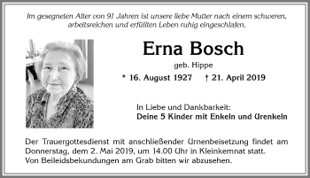 Traueranzeige von Erna Bosch von Allgäuer Zeitung, Kaufbeuren/Buchloe