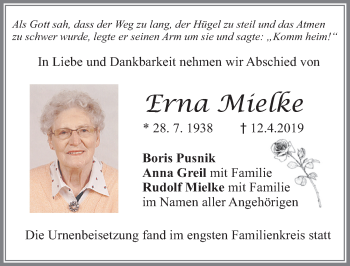 Traueranzeige von Erna Mielke von Allgäuer Zeitung, Füssen