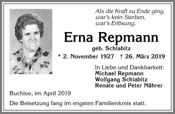 Traueranzeige von Erna Repmann von Allgäuer Zeitung, Kaufbeuren/Buchloe