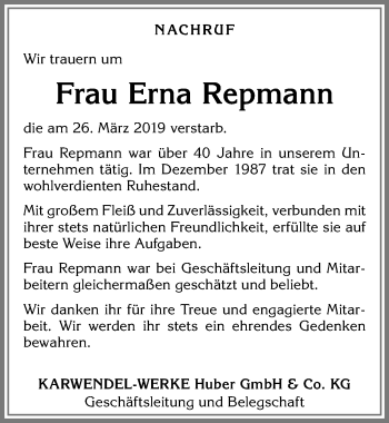 Traueranzeige von Erna Repmann von Allgäuer Zeitung, Kaufbeuren/Buchloe
