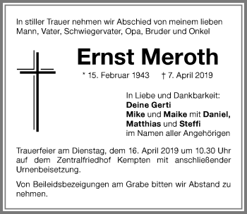Traueranzeige von Ernst Meroth von Allgäuer Zeitung, Marktoberdorf