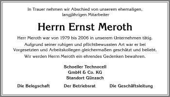 Traueranzeige von Ernst Meroth von Allgäuer Zeitung, Marktoberdorf