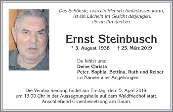 Traueranzeige von Ernst Steinbusch von Allgäuer Zeitung, Kaufbeuren/Buchloe