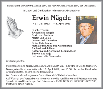 Traueranzeige von Erwin Nägele von Allgäuer Zeitung, Kaufbeuren/Buchloe