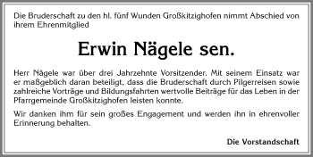 Traueranzeige von Erwin Nägele von Allgäuer Zeitung, Kaufbeuren/Buchloe