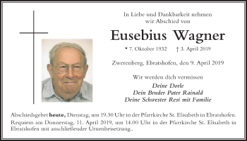 Traueranzeige von Eusebius Wagner von Der Westallgäuer