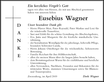 Traueranzeige von Eusebius Wagner von Der Westallgäuer