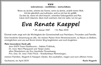 Traueranzeige von Eva Renate Kaeppel von Allgäuer Zeitung, Füssen