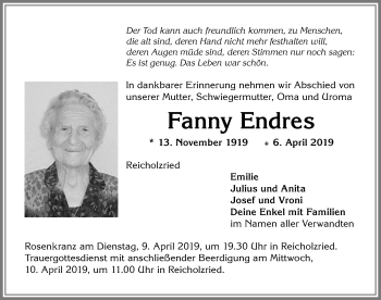 Traueranzeige von Fanny Endres von Allgäuer Zeitung,Kempten
