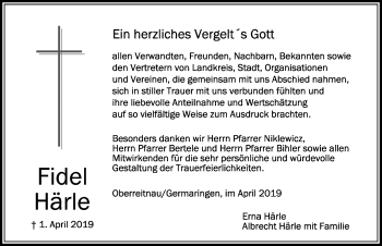 Traueranzeige von Fidel Härle von Der Westallgäuer