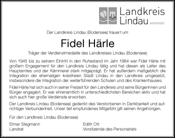 Traueranzeige von Fidel Härle von Der Westallgäuer