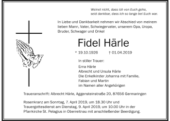 Traueranzeige von Fidel Härle von Der Westallgäuer