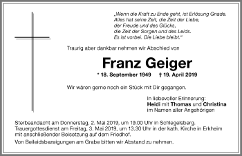 Traueranzeige von Franz Geiger von Memminger Zeitung