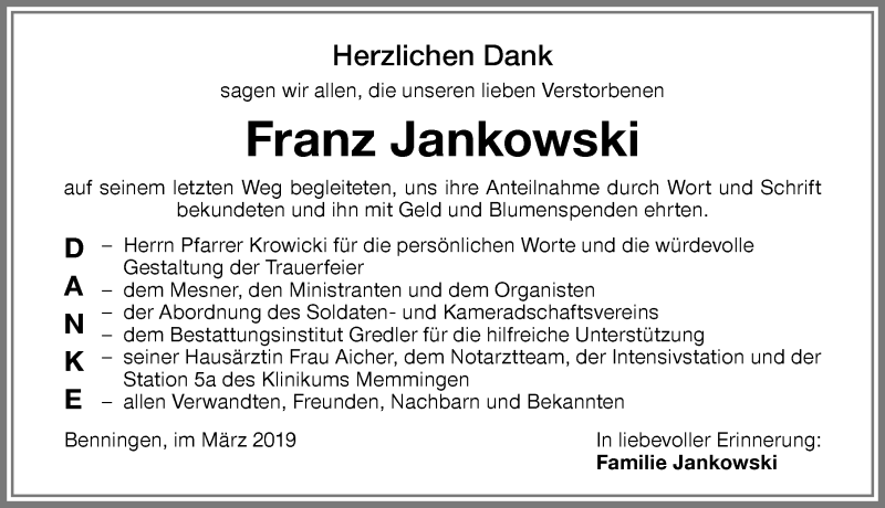  Traueranzeige für Franz Jankowski vom 02.04.2019 aus Memminger Zeitung