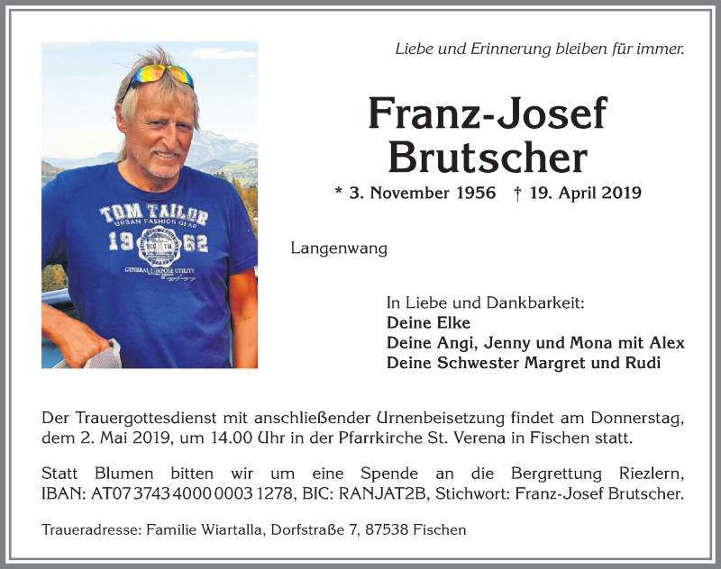  Traueranzeige für Franz-Josef Brutscher vom 27.04.2019 aus Allgäuer Anzeigeblatt