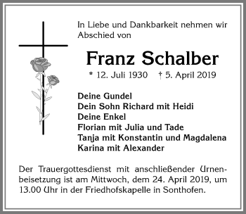 Traueranzeige von Franz Schalber von Allgäuer Anzeigeblatt