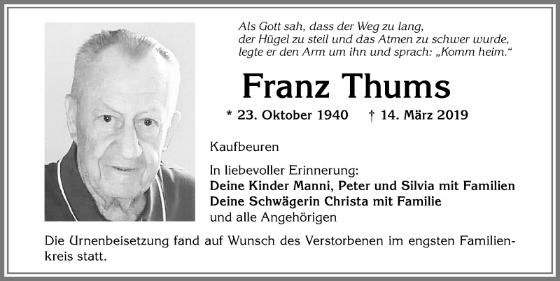  Traueranzeige für Franz Thums vom 05.04.2019 aus Allgäuer Zeitung, Kaufbeuren/Buchloe