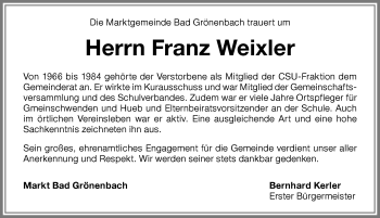 Traueranzeige von Franz Weixler von Memminger Zeitung