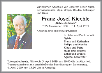 Traueranzeige von Franz Josef Kiechle von Allgäuer Zeitung,Kempten