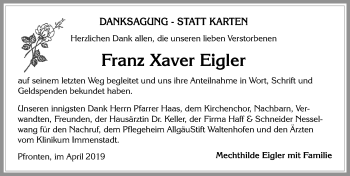Traueranzeige von Franz Xaver Eigler von Allgäuer Zeitung, Füssen
