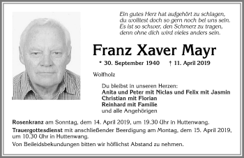 Traueranzeige von Franz Xaver Mayr von Allgäuer Zeitung, Marktoberdorf