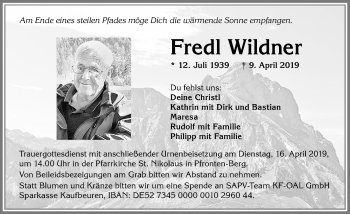 Traueranzeige von Fredl Wildner von Allgäuer Zeitung, Füssen