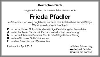 Traueranzeige von Frieda Pfadler von Memminger Zeitung