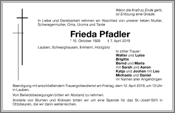 Traueranzeige von Frieda Pfadler von Memminger Zeitung