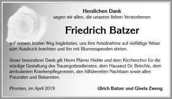 Traueranzeige von Friedrich Batzer von Allgäuer Zeitung, Füssen