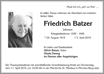 Traueranzeige von Friedrich Batzer von Allgäuer Zeitung, Füssen