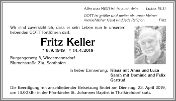 Traueranzeige von Fritz Keller von Allgäuer Anzeigeblatt