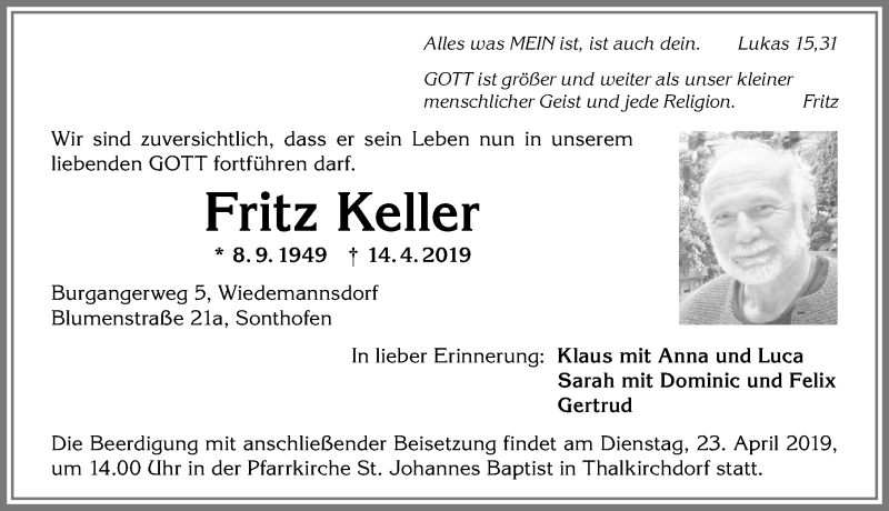  Traueranzeige für Fritz Keller vom 17.04.2019 aus Allgäuer Anzeigeblatt