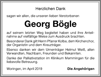 Traueranzeige von Georg Bögle von Memminger Zeitung